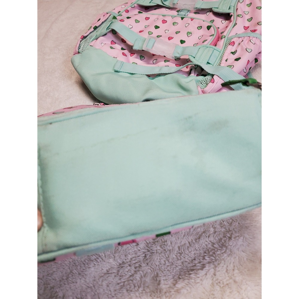 Pottery Barn Kids Roller Rabbit Pink Mint Hearts Backpack Lunch Bag Sack School - Picture 11 of 15